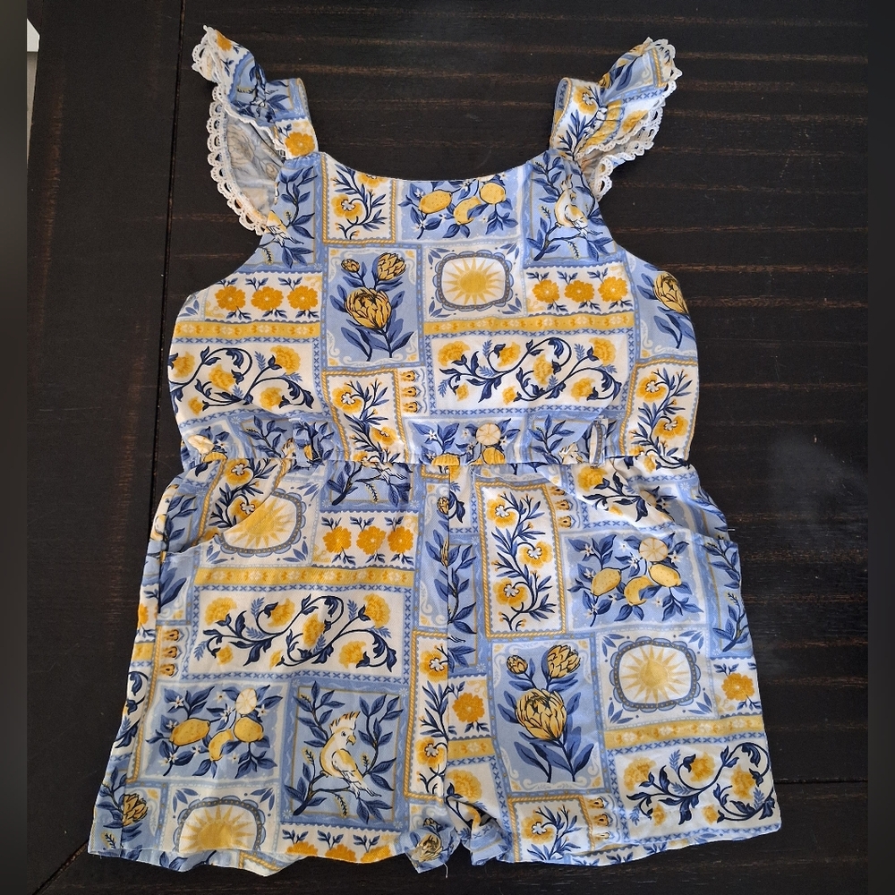 Tommy Bahama Blue & Yellow Floral Lemon Print Romper Girls Size MEDIUM 7/8